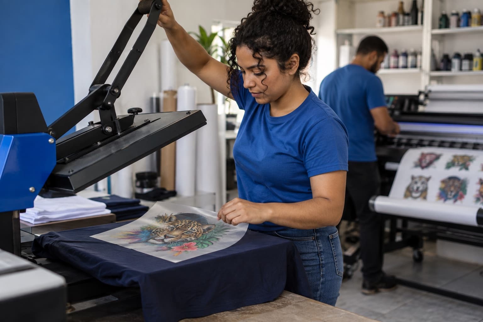 Trabalhador aplicando um transfer DTF numa camiseta com prensa térmica, com uma impressora DTF de grande formato ao fundo