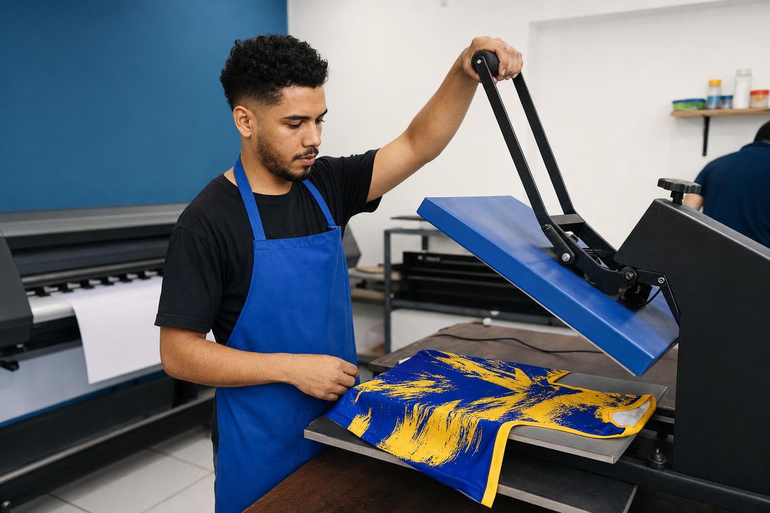 Operador retirando uma camiseta estampada da prensa térmica de sublimação