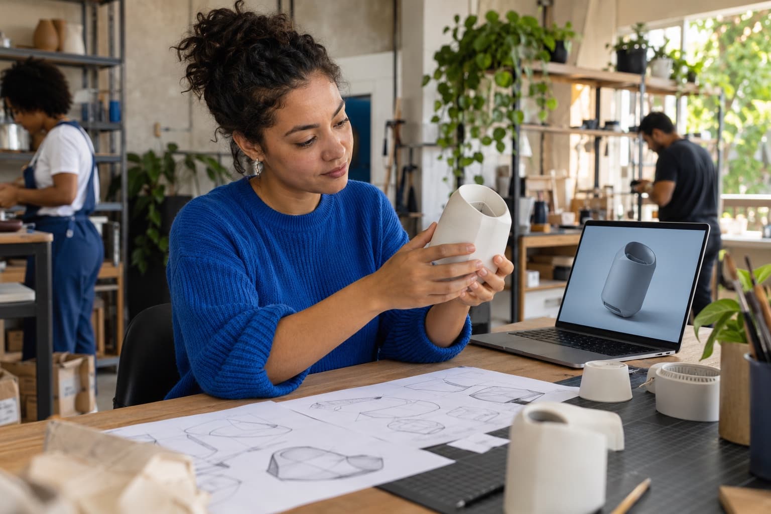 Designer de suéter azul examinando protótipo impresso em 3D ao lado de esboços e notebook com modelo 3D