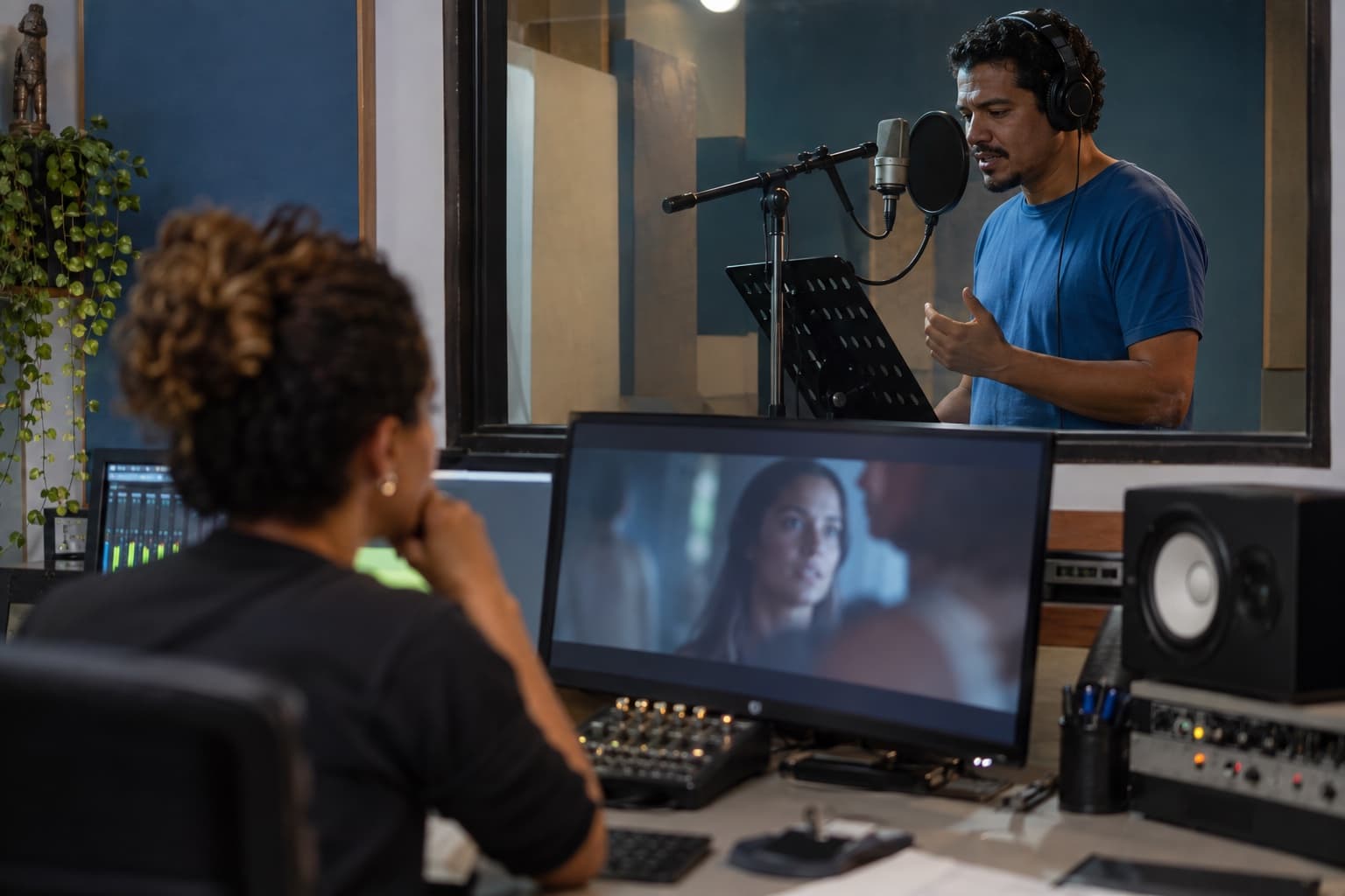 Dublador de camisa azul gravando em cabine com fone e microfone diante de tela, diretor na mesa do lado de fora do vidro