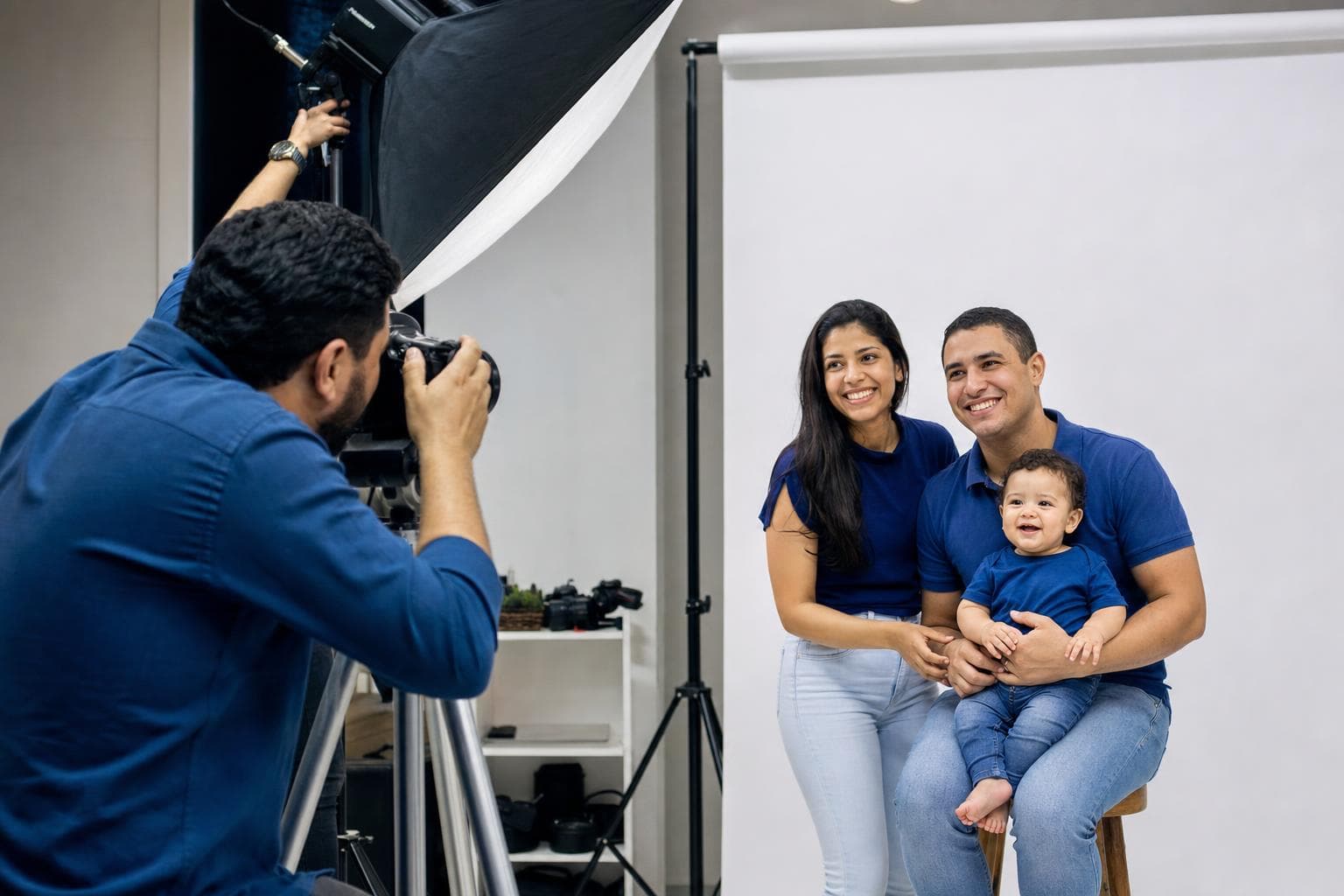 Fotógrafo ajustando a iluminação para um ensaio de retrato em estúdio fotográfico