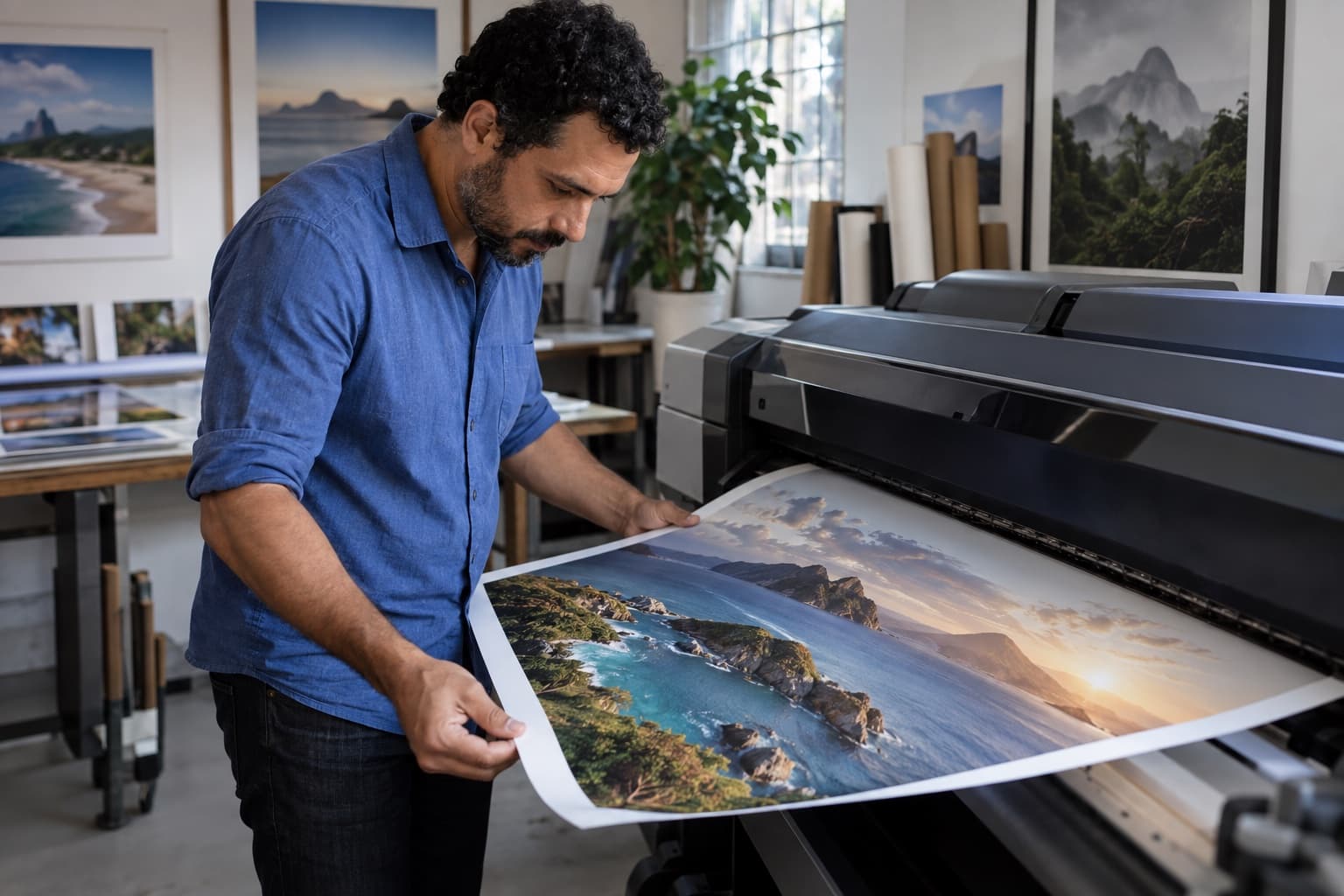 Técnico de camisa azul examinando uma grande impressão fotográfica fine art saindo de uma impressora de grande formato em um estúdio de impressão