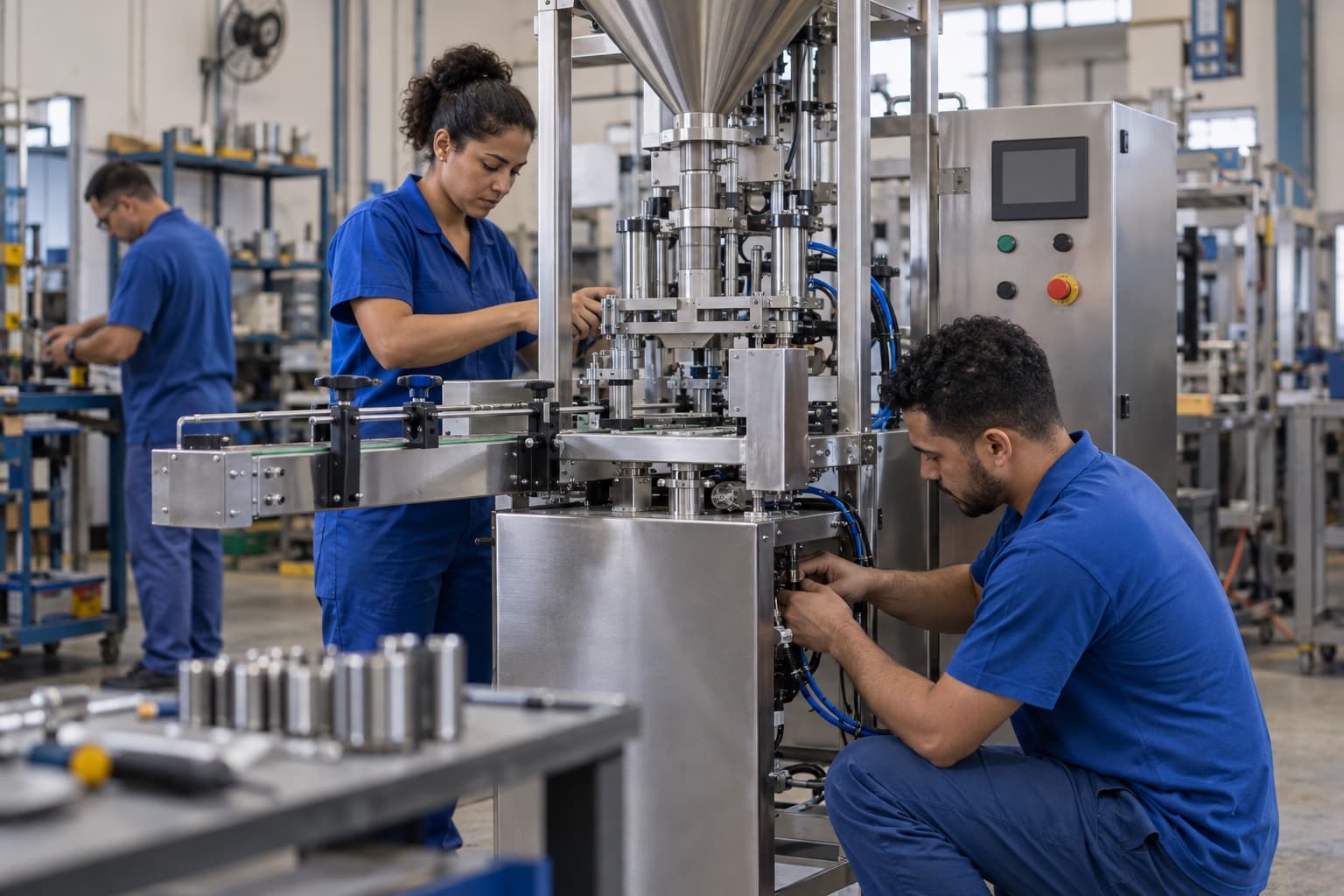 Montadores de uniforme azul instalando o painel de controle de uma máquina de embalagem em estrutura de inox numa oficina