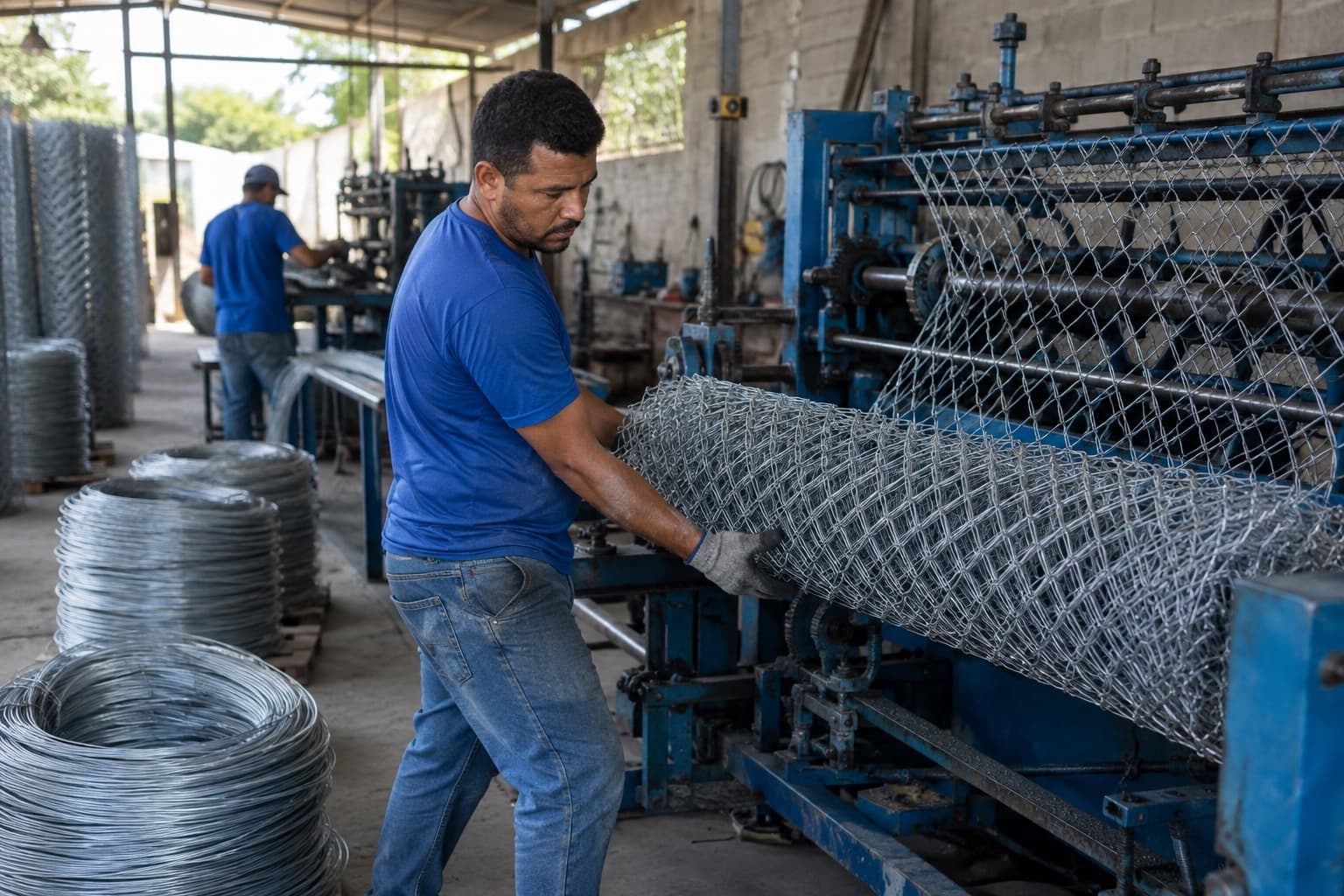 Operário de camisa azul retirando um rolo de tela de alambrado losangular de uma máquina de tecer tela em um galpão industrial