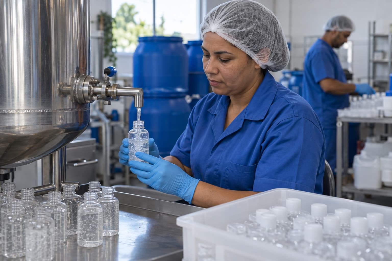 Operador de macacão azul, touca e luvas enchendo frascos transparentes de álcool gel no bico dosador de um tanque de inox, com bombonas plásticas ao fundo