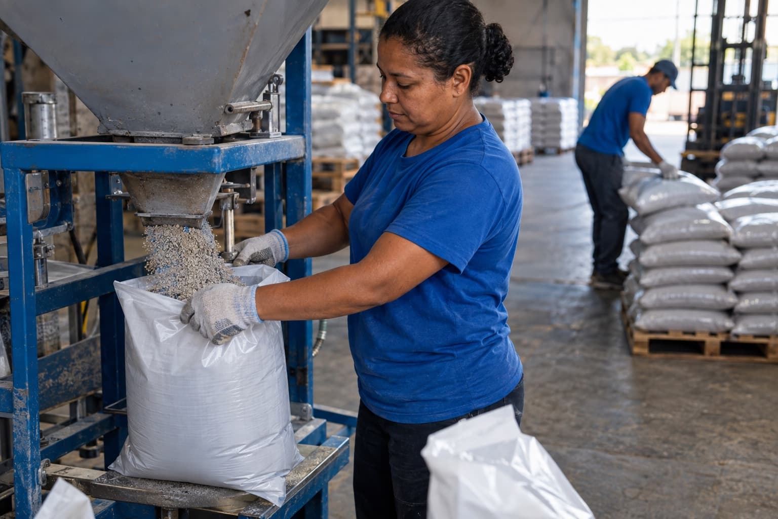 Funcionário enchendo sacos lisos com grânulos de areia higiênica a partir de um silo, com pallets de sacos ao fundo