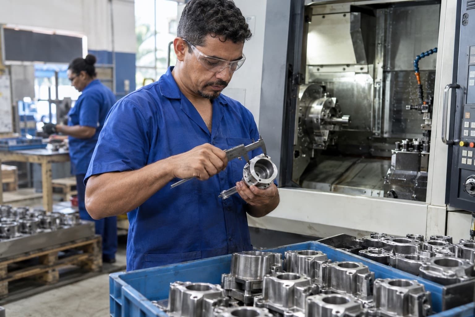 Operador de roupa azul conferindo uma peça automotiva de metal com paquímetro ao lado de um centro de usinagem CNC