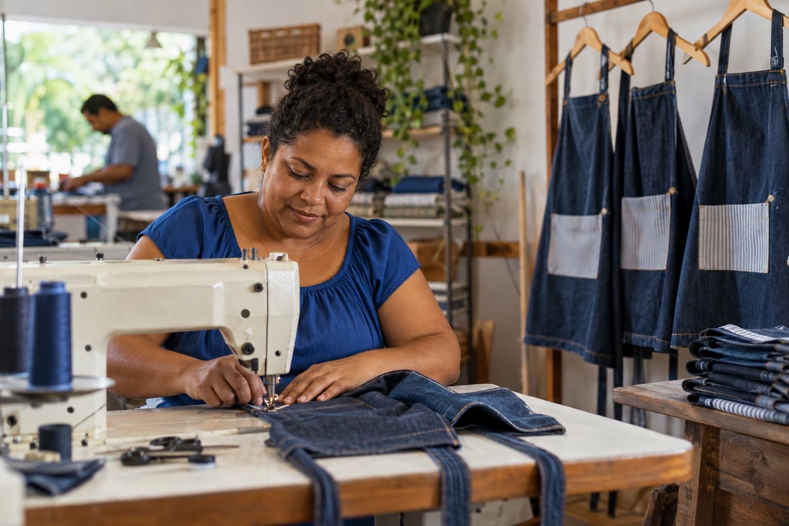 Costureira de blusa azul costurando um avental de cozinha em jeans numa máquina industrial, com aventais prontos pendurados numa arara