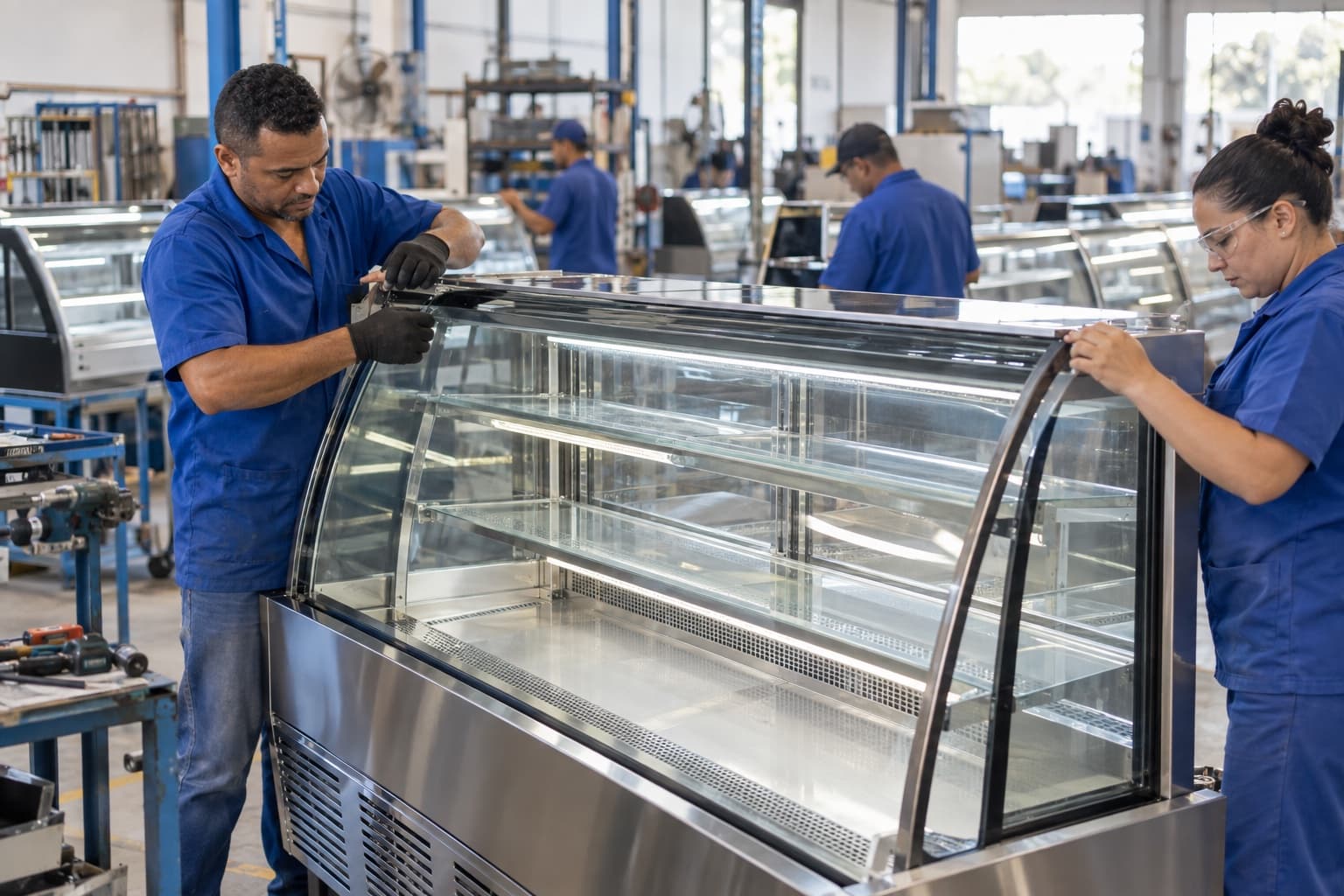 Montadores de uniforme azul encaixando vidro e chapas de inox num balcão refrigerado na linha de produção, com outros balcões prontos ao fundo