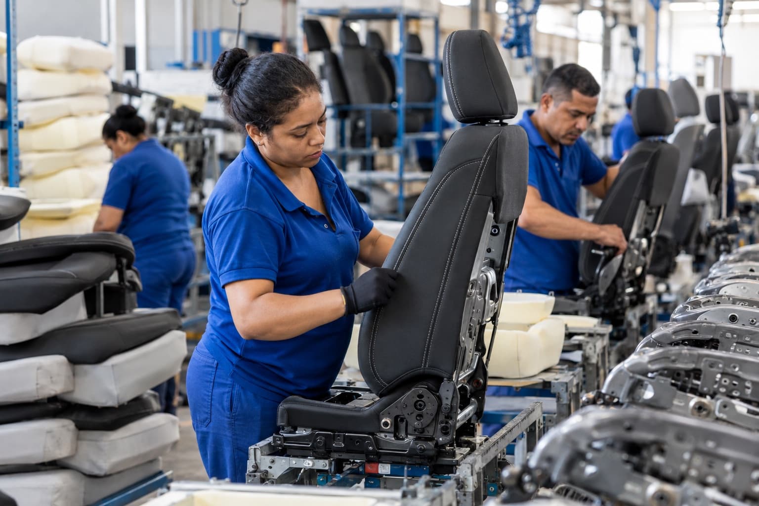 Trabalhadores de uniforme azul estofando bancos automotivos numa linha de montagem, com espumas e armações de bancos empilhadas ao lado