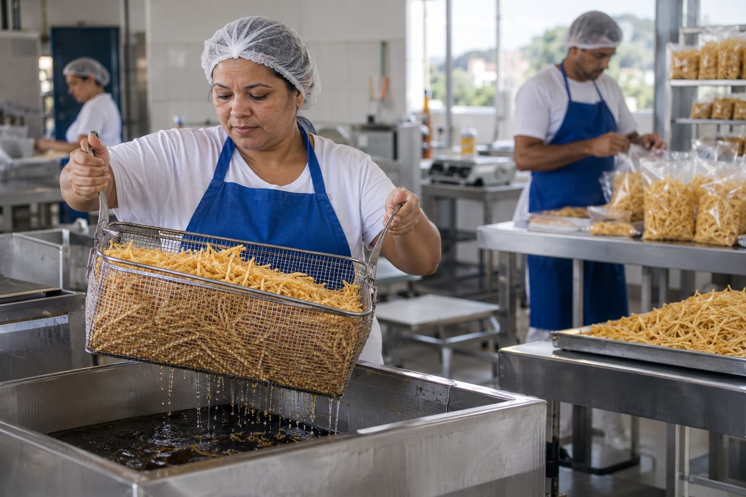 Funcionário de avental azul e touca levantando um cesto de batata palha dourada da fritadeira industrial, com mesas de inox e pacotes fechados ao lado