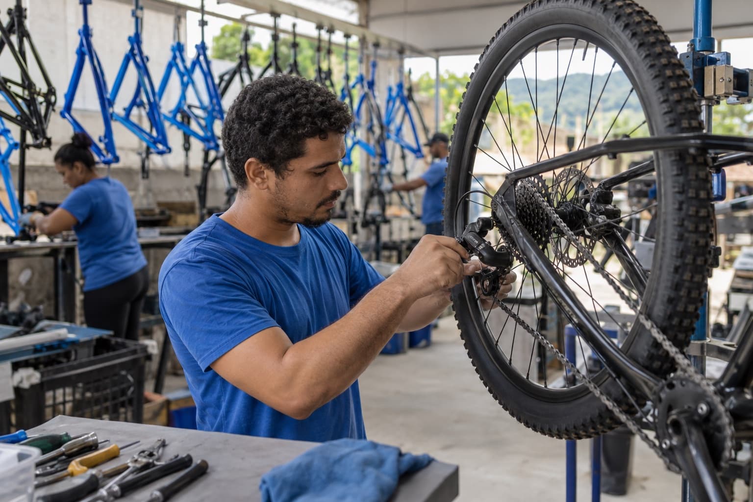 Montador de camiseta azul ajustando o câmbio de uma bicicleta aro 29 presa num cavalete, com quadros pintados pendurados ao fundo da linha de montagem