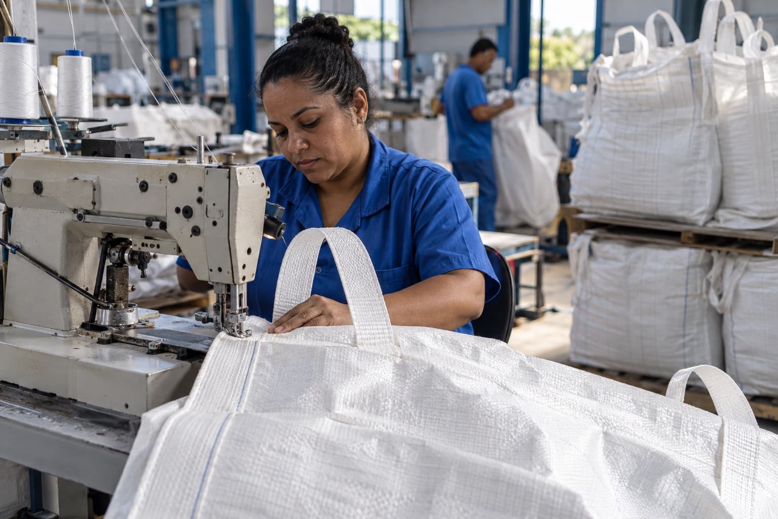 Costureira de uniforme azul costurando as alças de um big bag branco de ráfia numa máquina industrial, com pilhas de sacos prontos ao lado