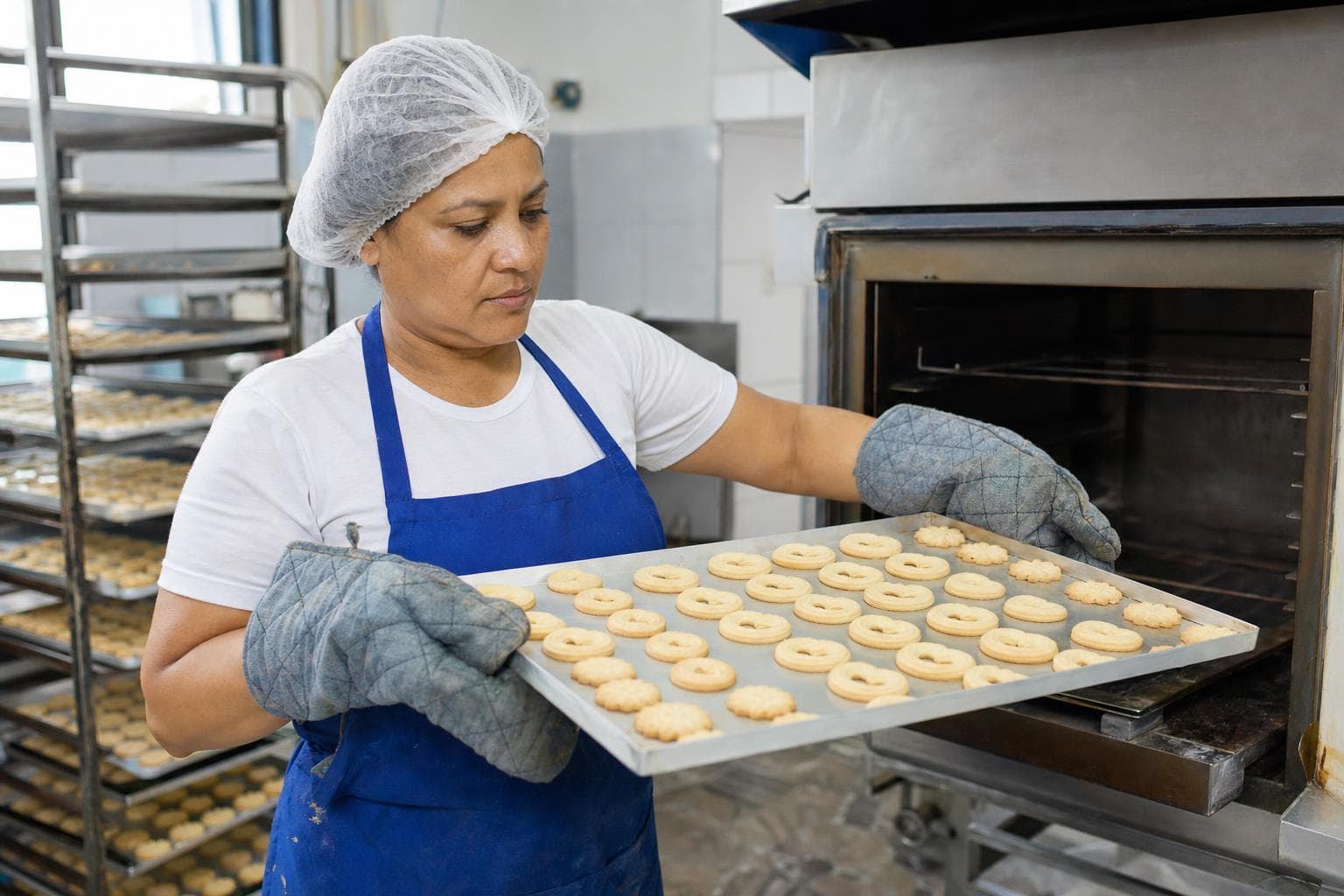 Funcionária retirando assadeira de biscoitos amanteigados do forno em pequena fábrica
