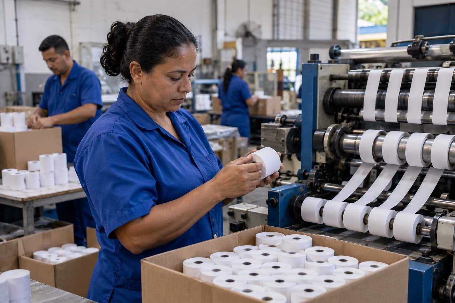 Operador de uniforme azul conferindo pequenas bobinas de papel térmico saindo de uma rebobinadeira, com caixas de bobinas ao lado