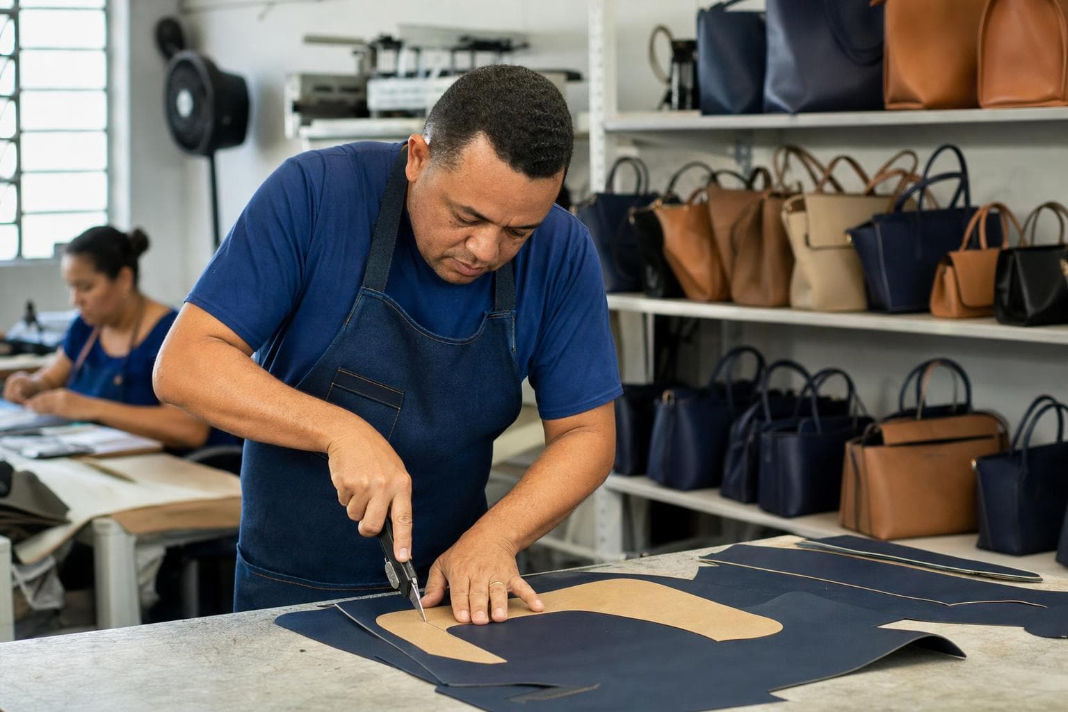 Artesão cortando couro sintético com molde de bolsa na mesa de corte de uma fábrica de bolsas