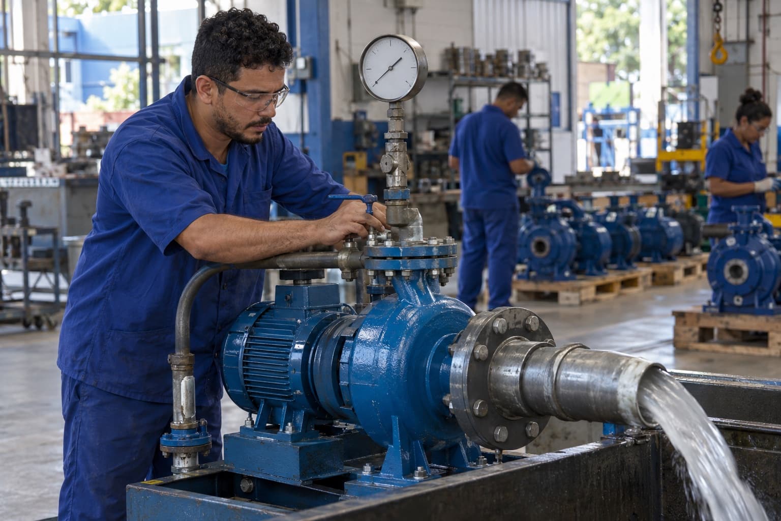 Técnico de macacão azul testando uma bomba centrífuga na bancada de testes com tubulação e manômetro, com bombas montadas em paletes ao fundo