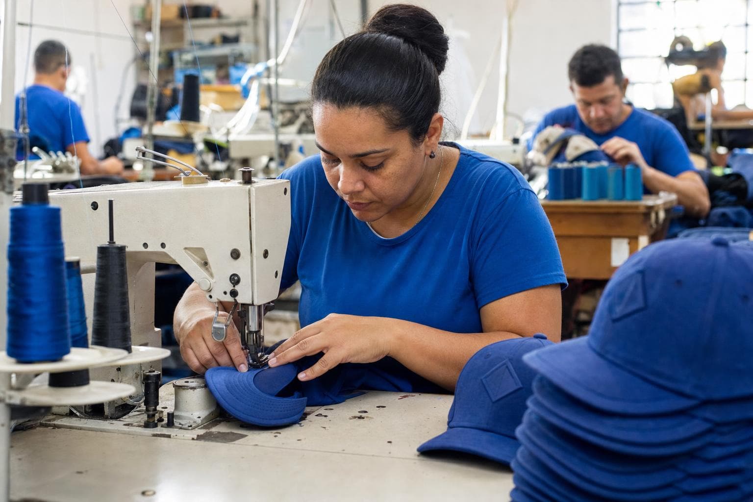 Costureira costurando a aba de um boné em máquina industrial, com bonés sem logotipo empilhados