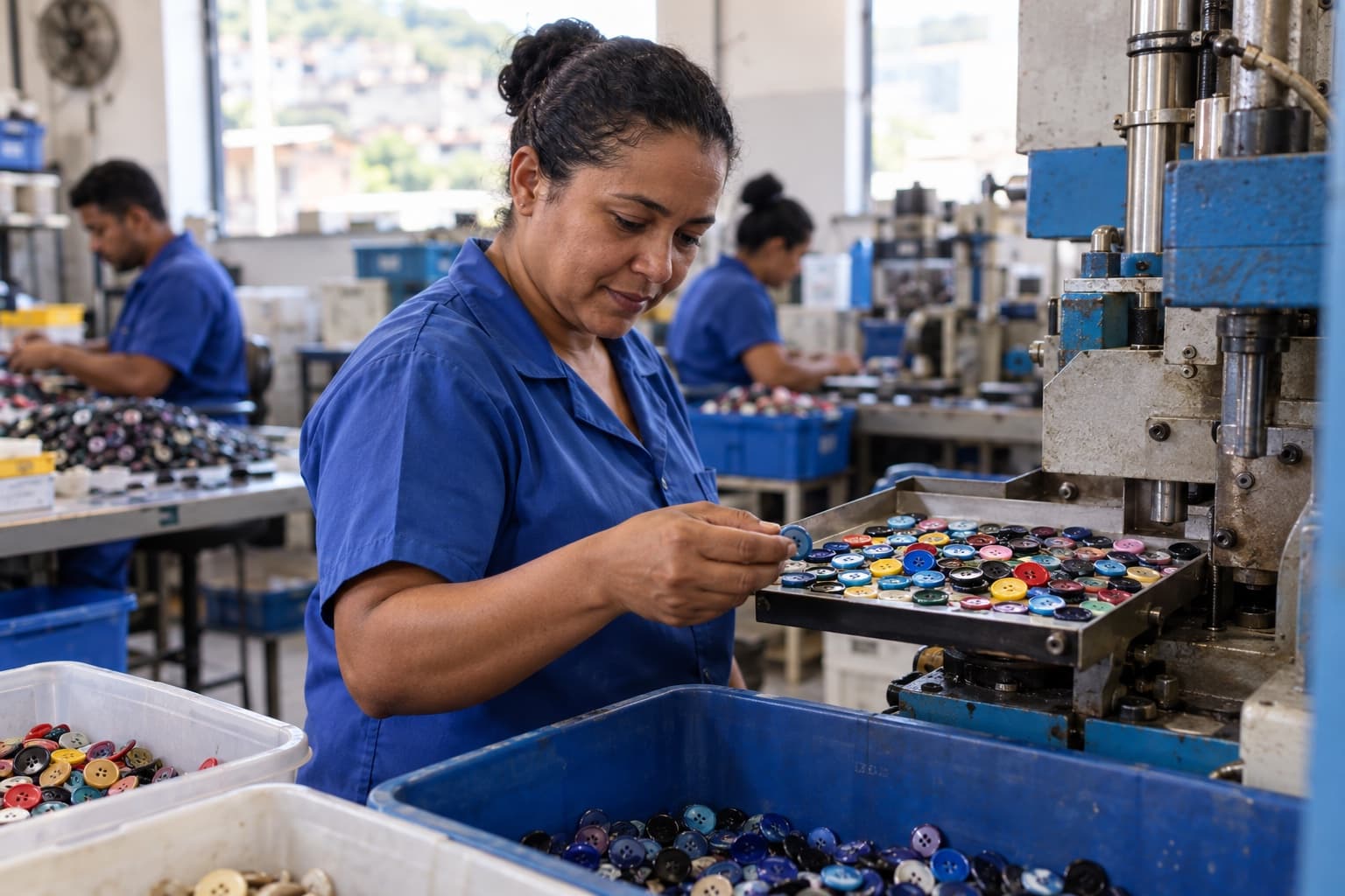 Operador de uniforme azul conferindo botões coloridos numa bandeja na saída de uma máquina de botões, com caixas de botões ao lado