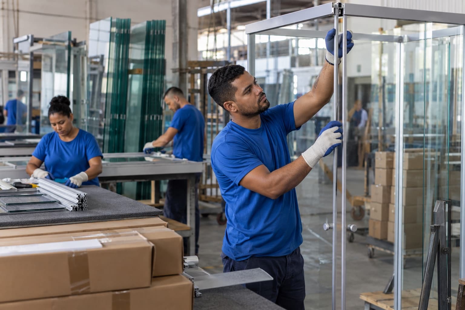 Funcionários de uniforme azul e luvas montando painéis de vidro temperado com perfis de alumínio, com pilhas de vidro e caixas de kits box prontas para envio