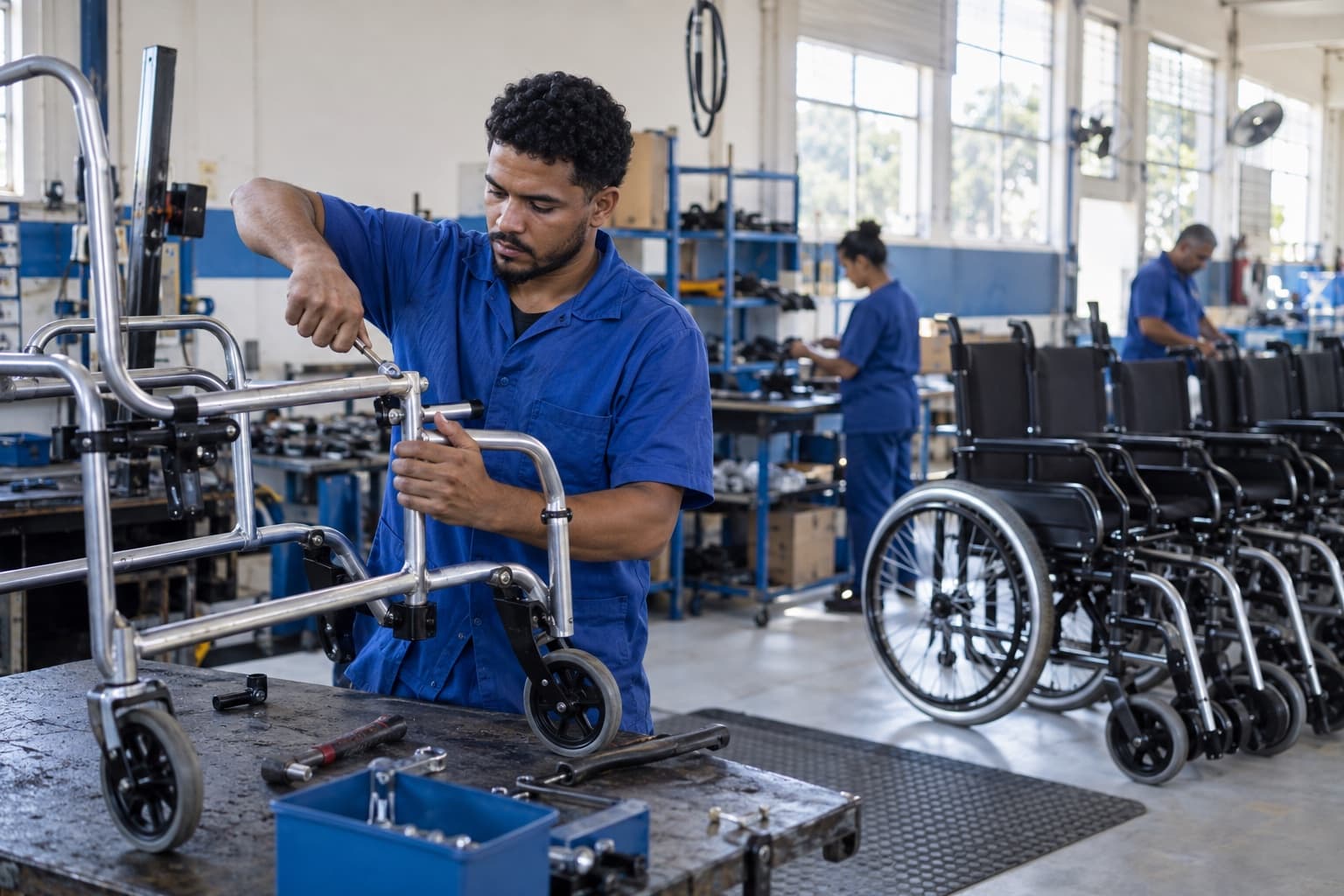 Operário de uniforme azul montando o quadro de alumínio de uma cadeira de rodas numa bancada, com cadeiras prontas enfileiradas numa pequena fábrica