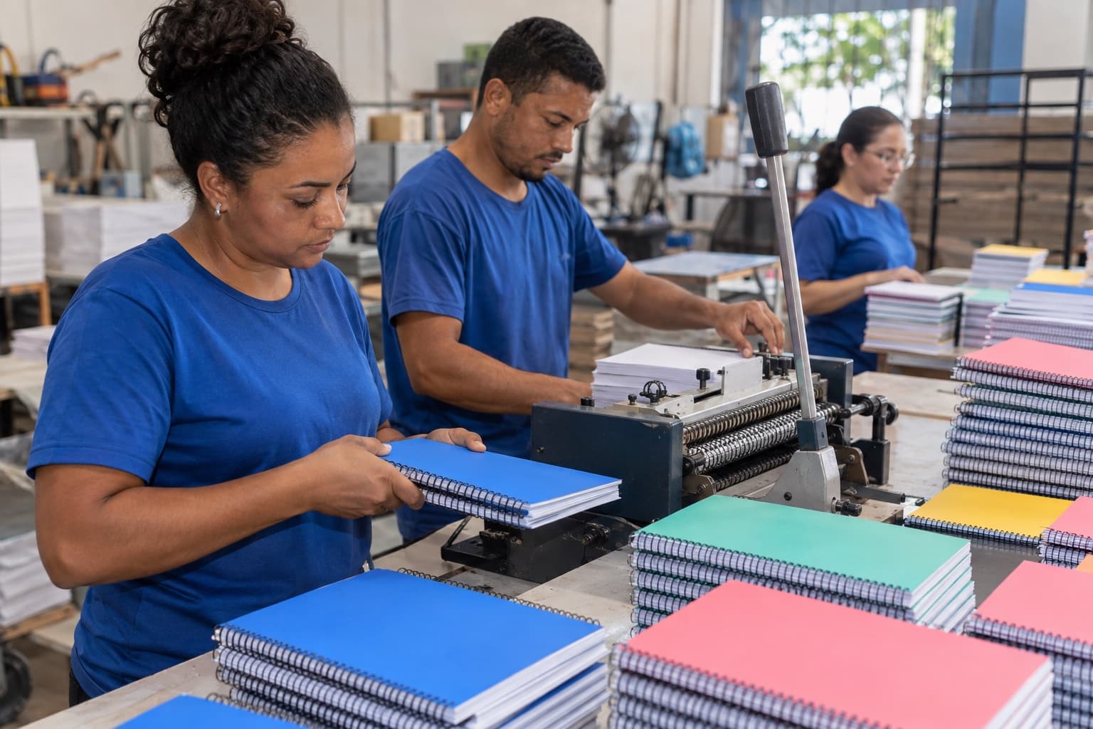 Funcionários operando uma máquina de espiralar e empilhando cadernos de capas coloridas em uma pequena fábrica
