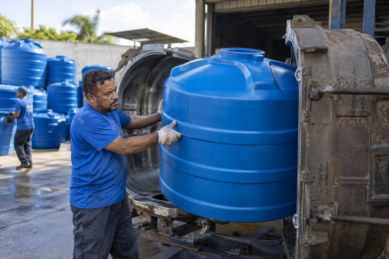 Operário de camisa azul retirando uma caixa d’água azul recém-moldada de um molde metálico de rotomoldagem, com outras caixas empilhadas no pátio