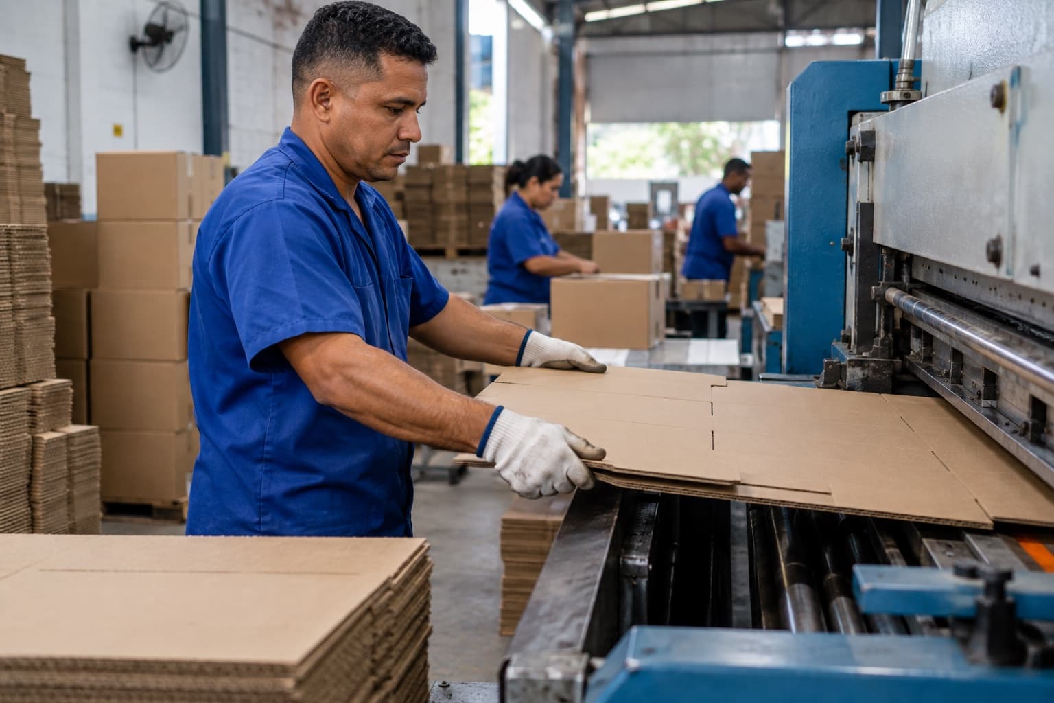 Operador de uniforme azul alimentando uma máquina de corte e vinco com chapas de papelão ondulado, com pilhas de caixas pardas ao lado na fábrica