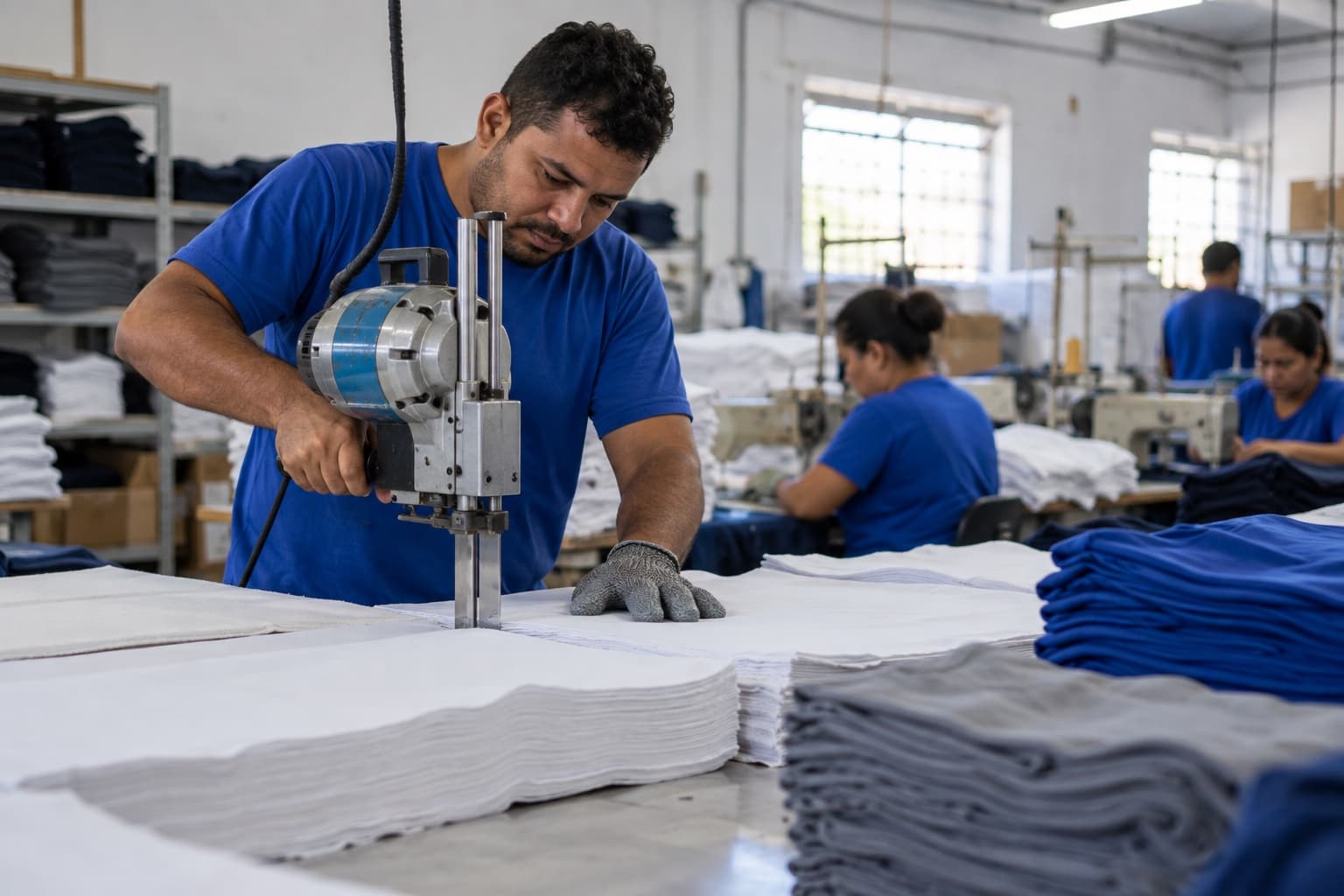 Cortador de camisa azul cortando malha de algodão empilhada com máquina de faca vertical numa fábrica de camisetas, com pilhas de camisetas lisas
