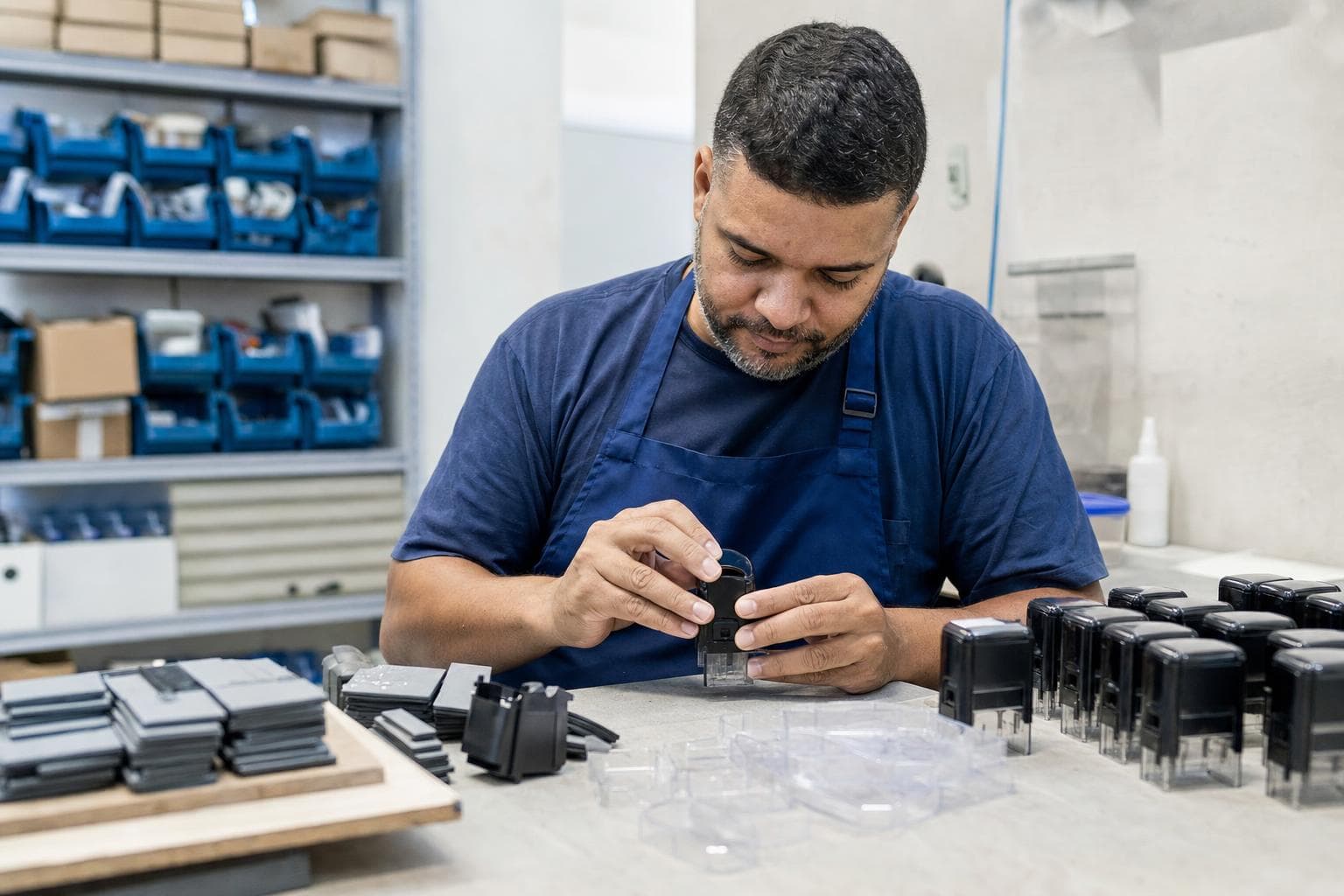 Artesão montando um carimbo automático na bancada, com placas de borracha gravadas ao lado