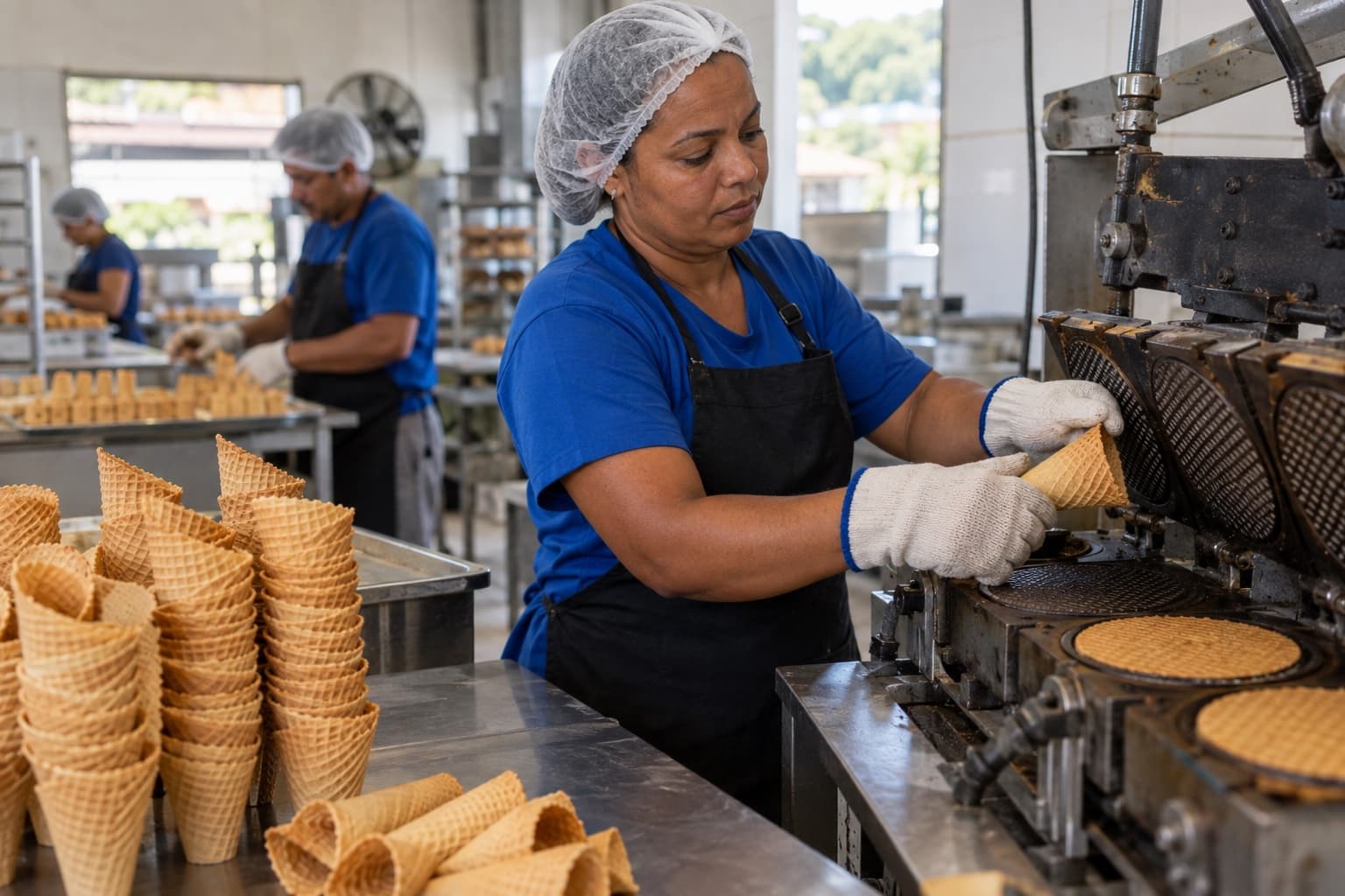 Funcionário retirando casquinhas de sorvete douradas da chapa quente de uma máquina de wafer