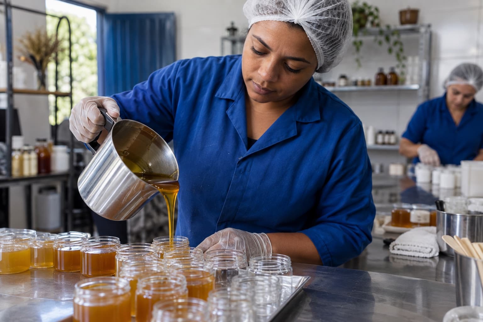Técnica de touca e jaleco azul despejando cera depilatória derretida cor de mel em potes alinhados numa bancada de inox de uma pequena fábrica