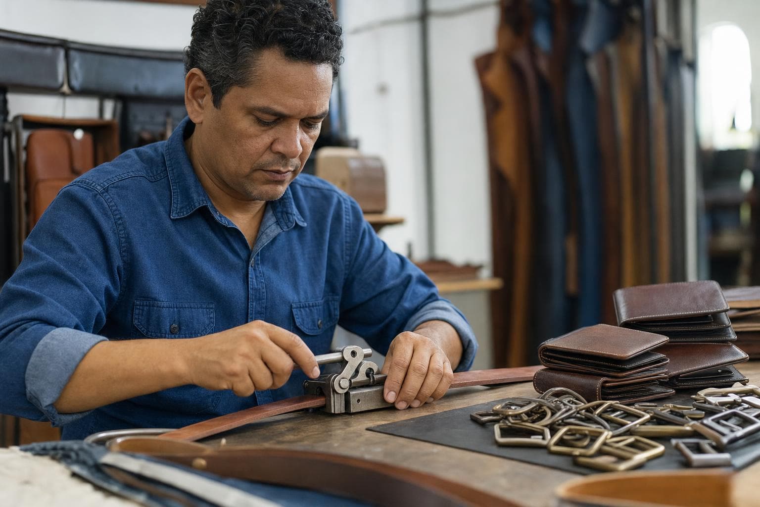 Artesão chanfrando tiras de couro para cintos, com fivelas e carteiras prontas na bancada