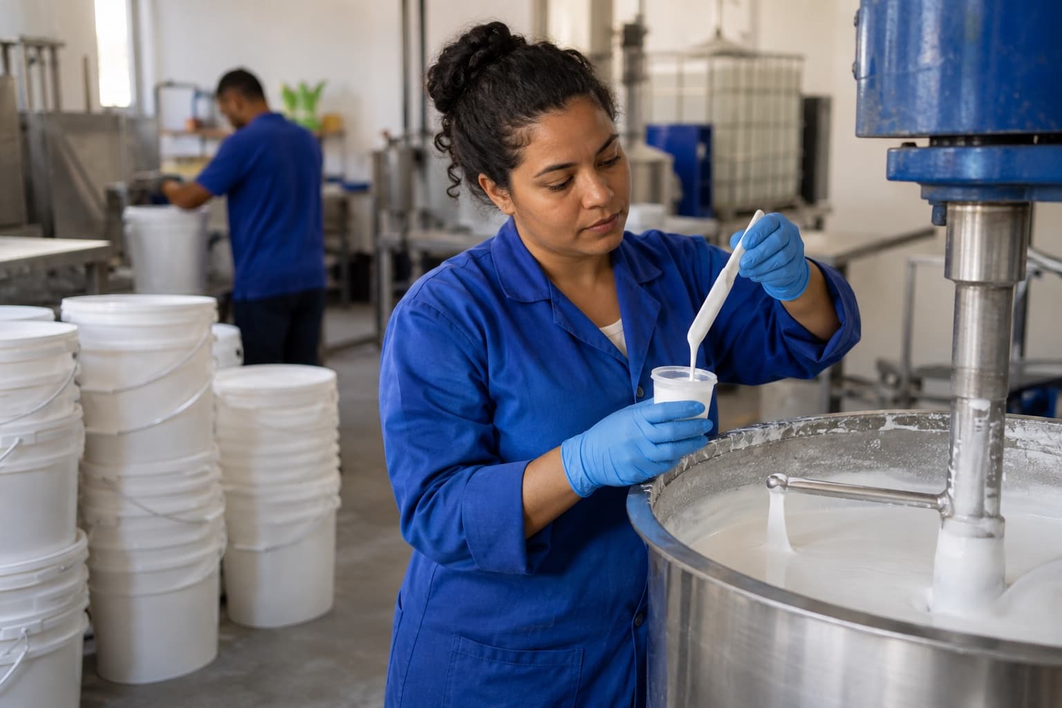 Técnica de jaleco azul e luvas coletando amostra de cola branca de um misturador industrial de inox numa pequena fábrica de adesivos