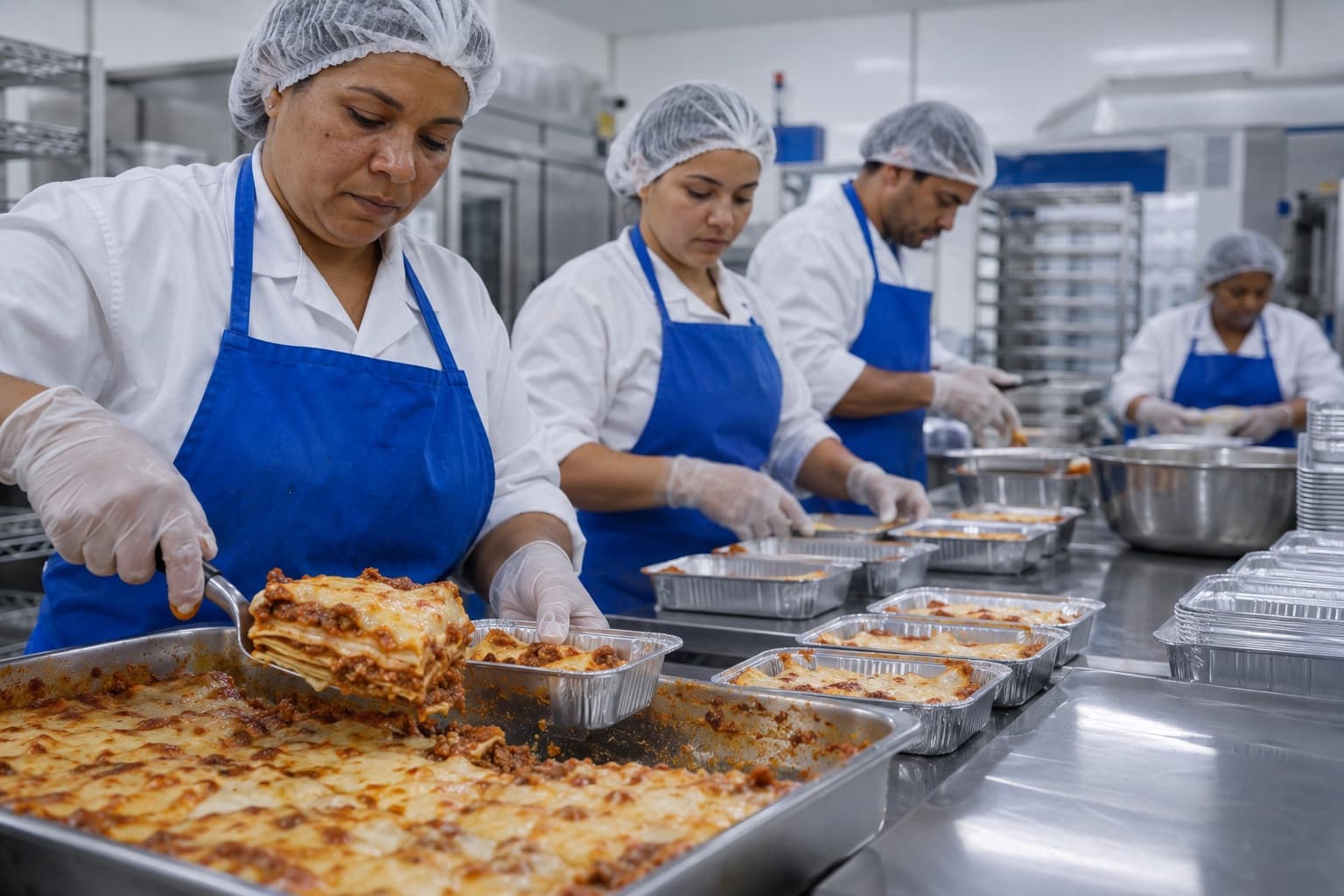 Funcionários de touca e avental porcionando lasanha em bandejas de alumínio numa bancada de inox