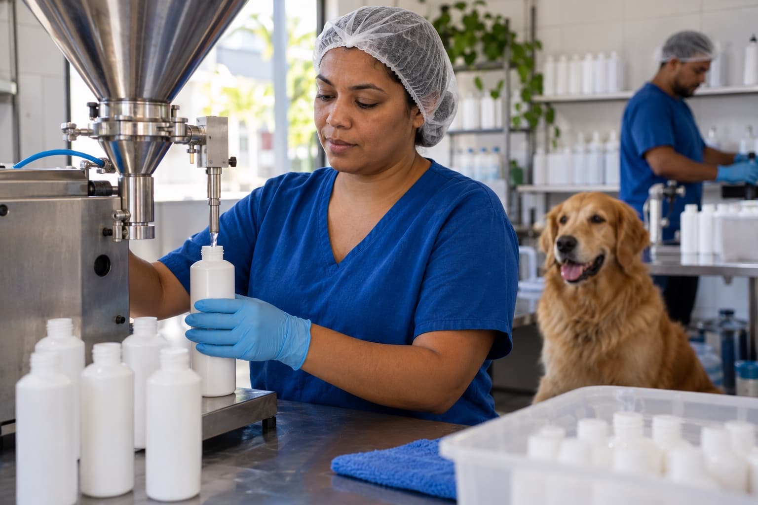 Funcionária envasando shampoo pet em frascos brancos lisos numa envasadora pequena