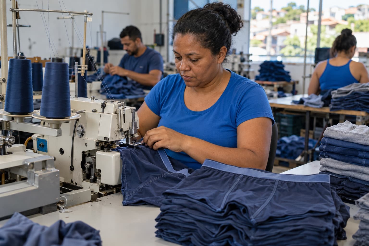 Costureira de blusa azul costurando cuecas boxer masculinas numa máquina overloque em pequena fábrica, com pilhas de cuecas dobradas