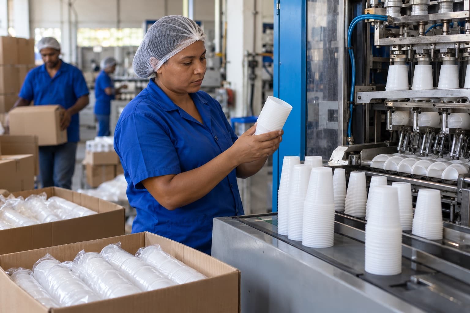 Operador de uniforme azul conferindo pilhas de copos plásticos brancos que saem de uma termoformadora, com caixas de papelão empilhadas ao lado
