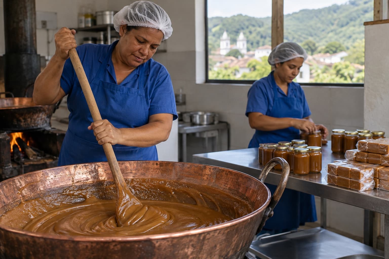Funcionário de uniforme azul e touca mexendo doce de leite num grande tacho de cobre, com potes de vidro e barras de doce sobre uma mesa de inox