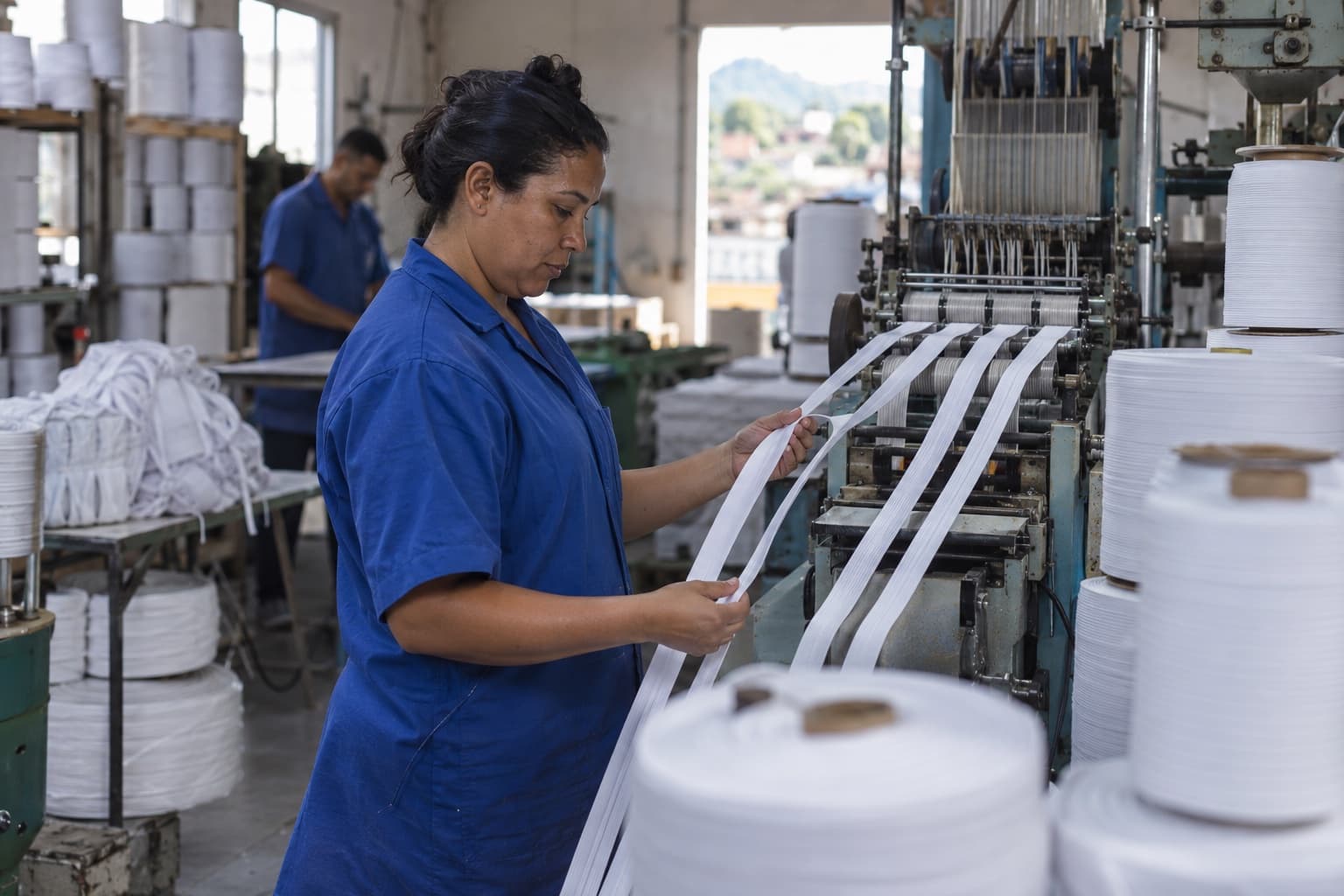 Operadora de uniforme azul conferindo elásticos brancos saindo de um tear de fitas estreitas numa pequena fábrica, com carretéis de elástico empilhados