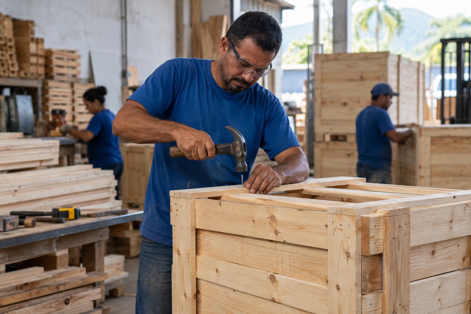 Carpinteiro de camiseta azul e óculos de proteção pregando sarrafos em uma caixa de madeira para exportação, com pilhas de tábuas de pinus e caixas prontas na oficina