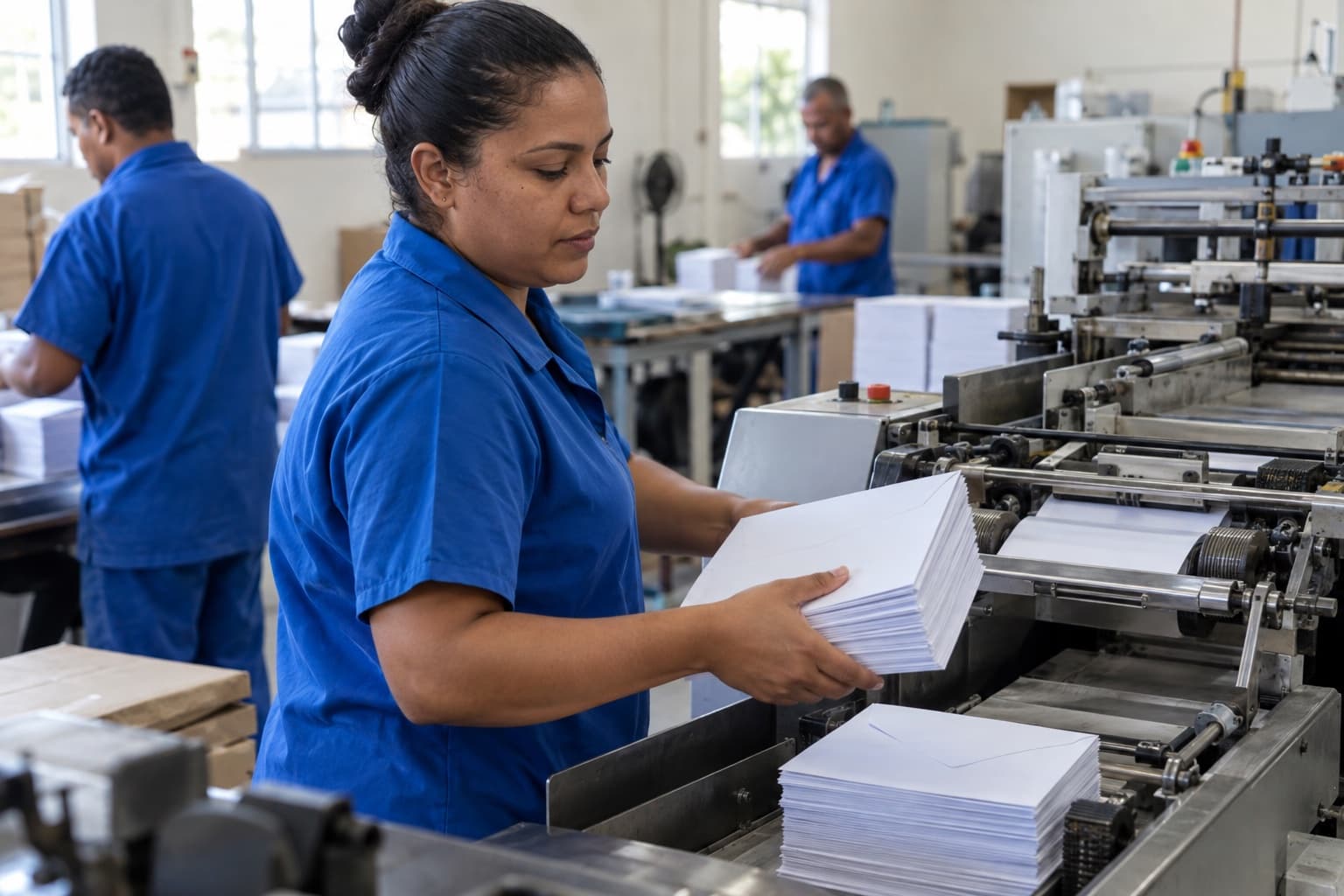 Operador de uniforme azul recolhendo pilhas de envelopes brancos na saída de uma máquina de fazer envelopes em uma pequena fábrica