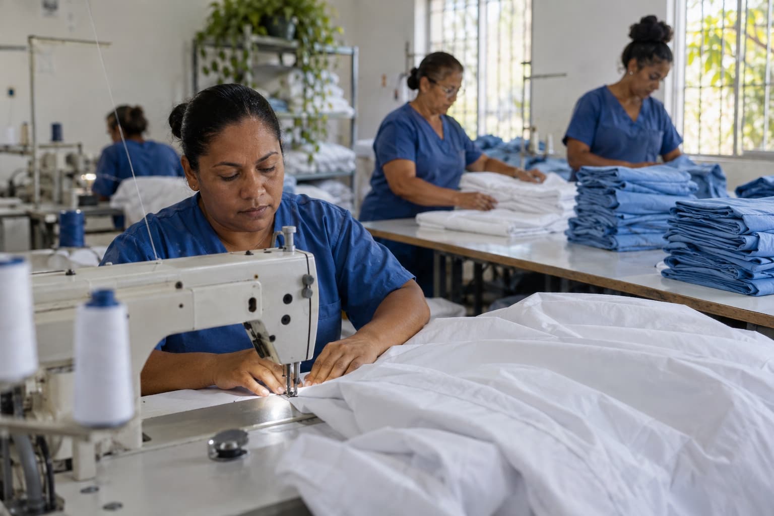 Costureira de uniforme azul costurando lençóis brancos numa máquina industrial, com pilhas de aventais e lençóis dobrados sobre a mesa