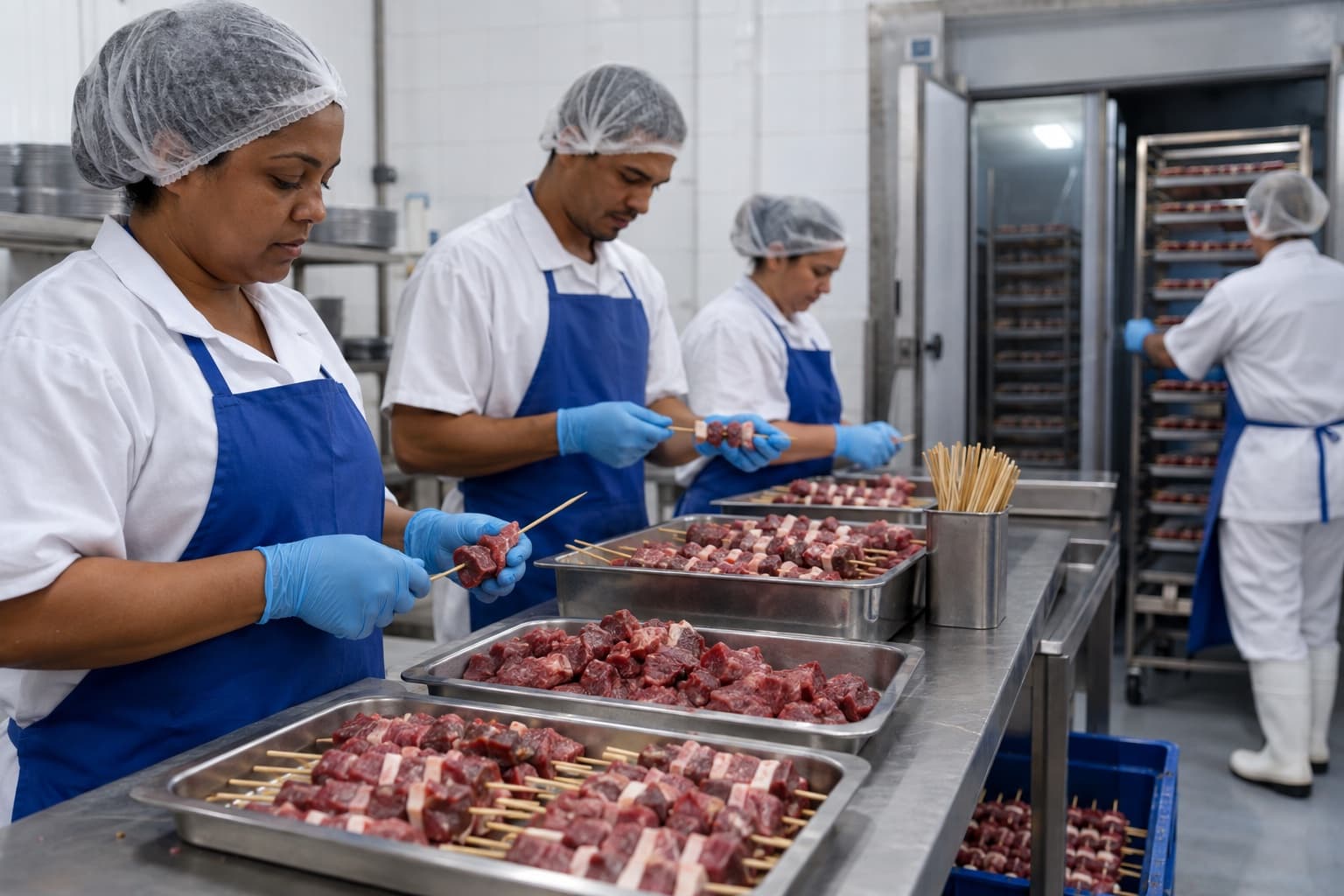Funcionários de uniforme branco e touca azul espetando cubos de carne em palitos de madeira numa mesa de inox, com bandejas indo para o freezer