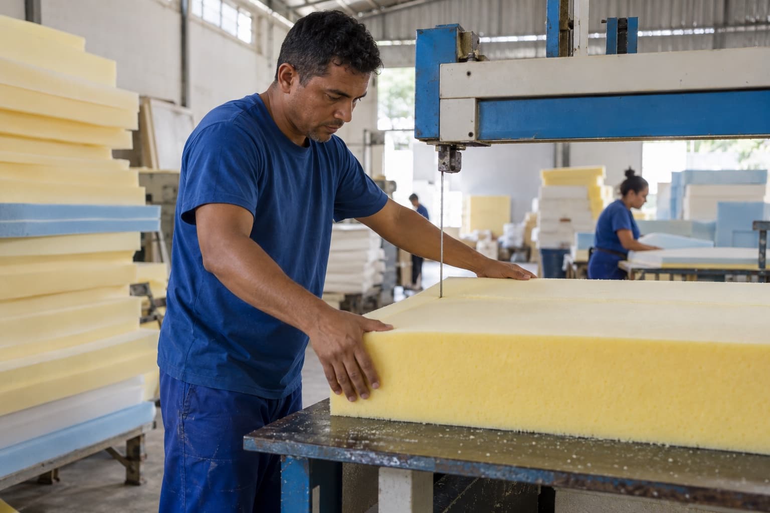 Funcionário de uniforme azul cortando um grande bloco de espuma amarela em uma máquina de corte horizontal, com lâminas empilhadas ao lado