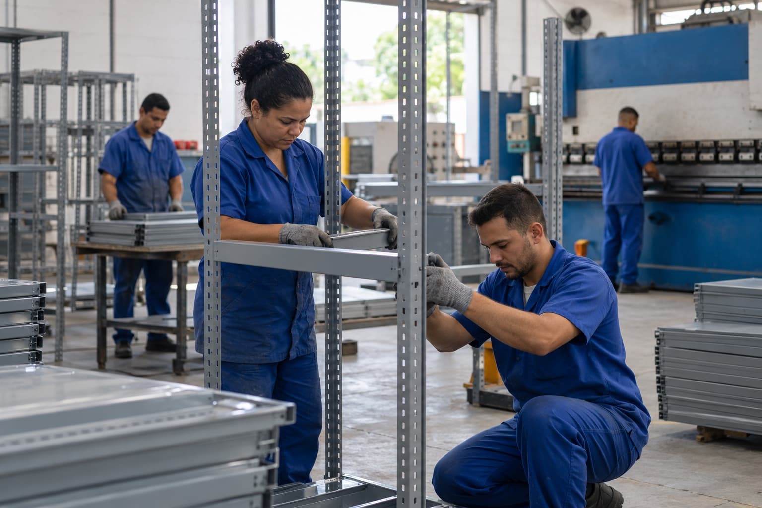 Operários de macacão azul montando colunas de estantes de aço cinza numa fábrica, com pilhas de prateleiras e uma dobradeira ao fundo