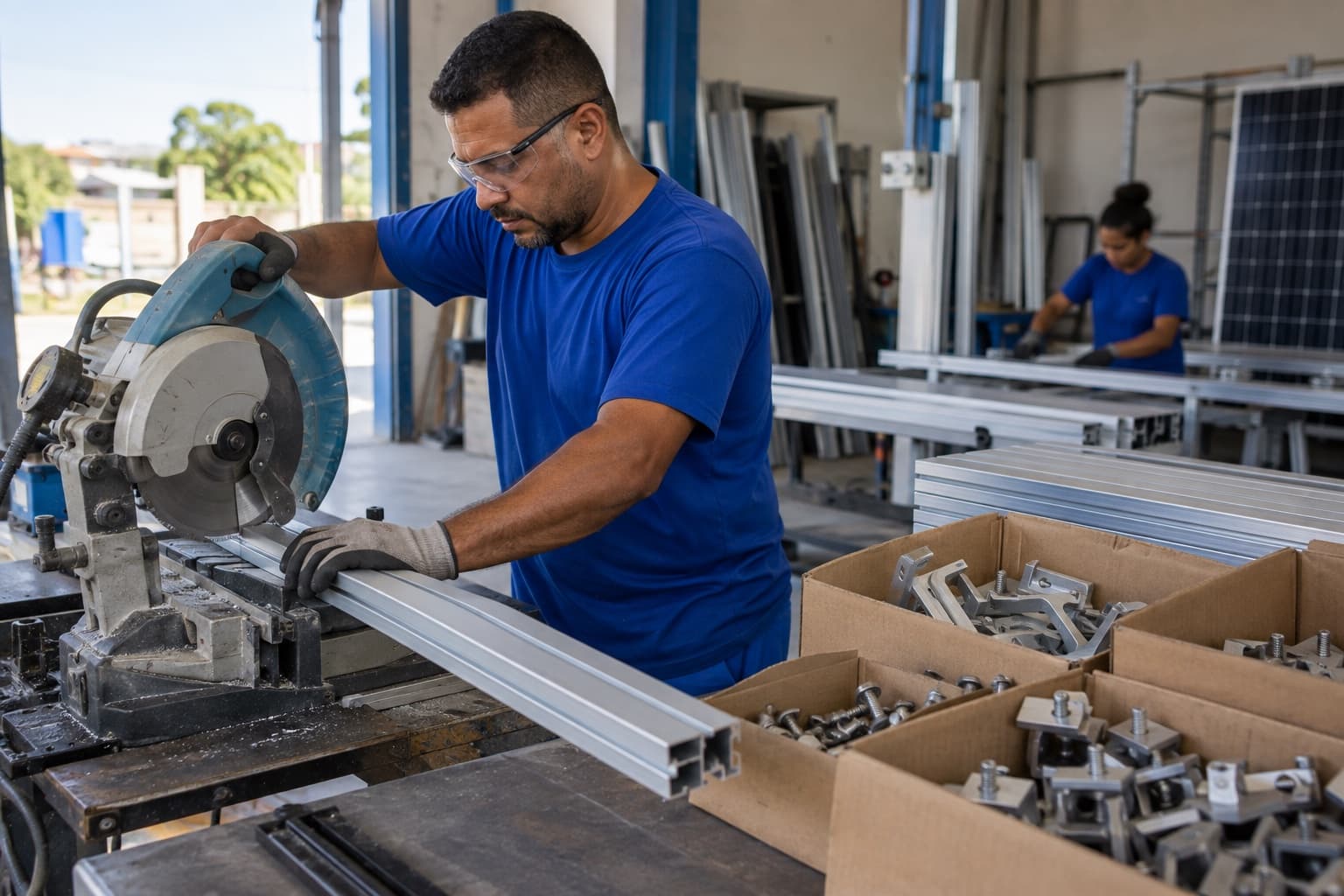 Operador de uniforme azul cortando perfis de alumínio numa serra industrial, com ganchos e grampos para painéis solares separados em caixas ao lado