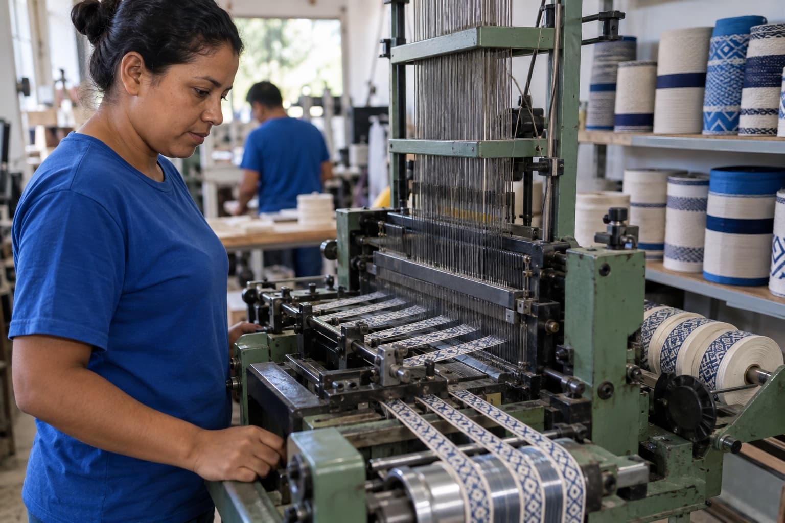 Operador de camisa azul acompanhando um tear jacquard estreito que tece etiquetas de roupa, com rolos de fita de etiquetas na prateleira