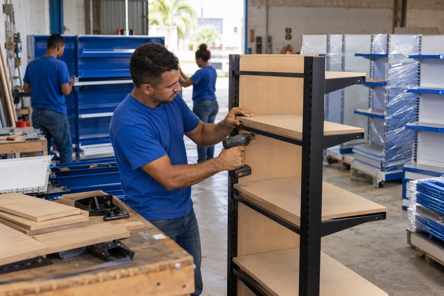 Trabalhador de camisa azul montando um expositor de metal e MDF em uma oficina, com prateleiras pintadas e gôndolas prontas para entrega