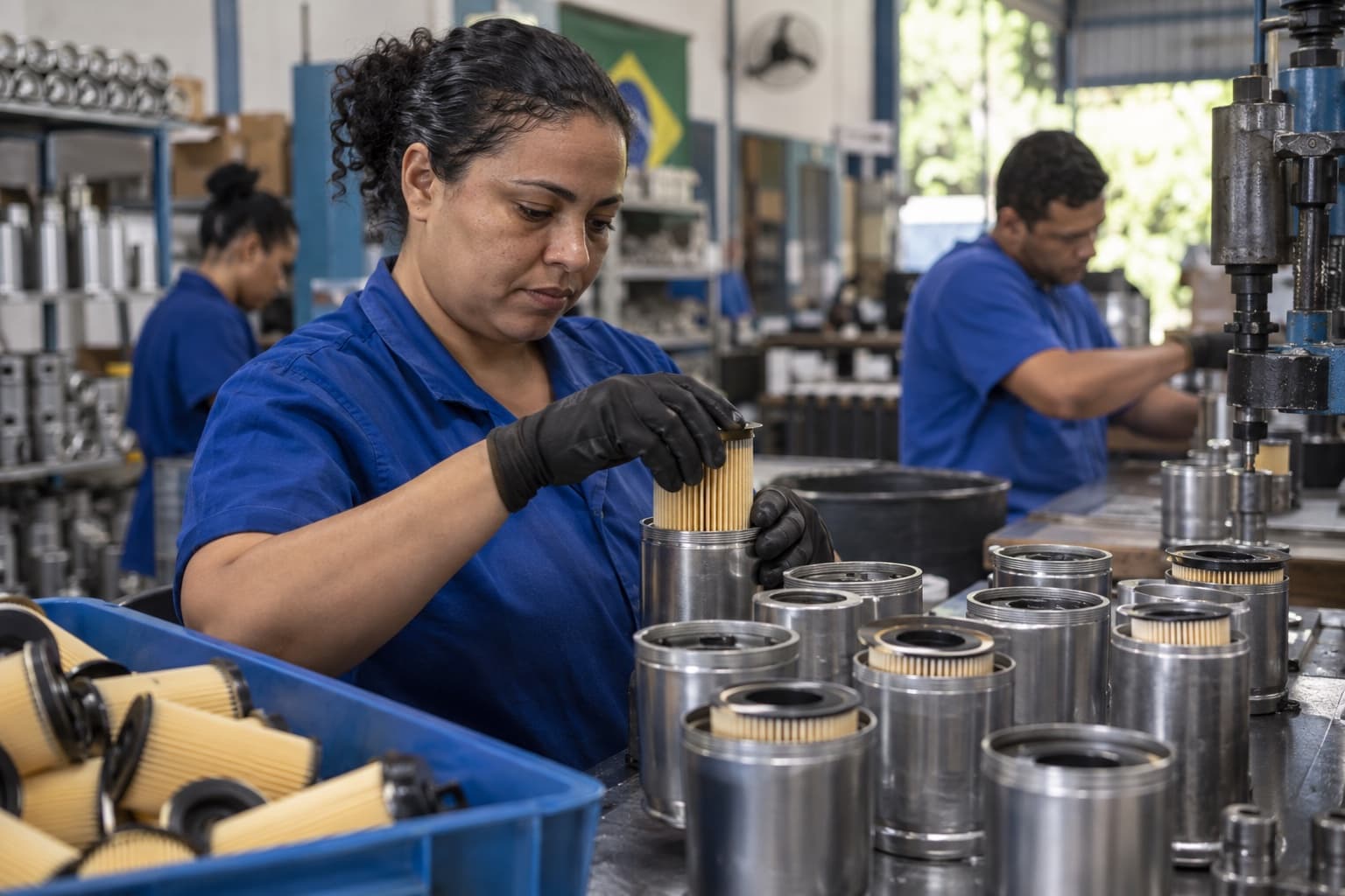 Operária de uniforme azul encaixando elementos filtrantes de papel plissado em carcaças metálicas numa bancada de montagem de filtros